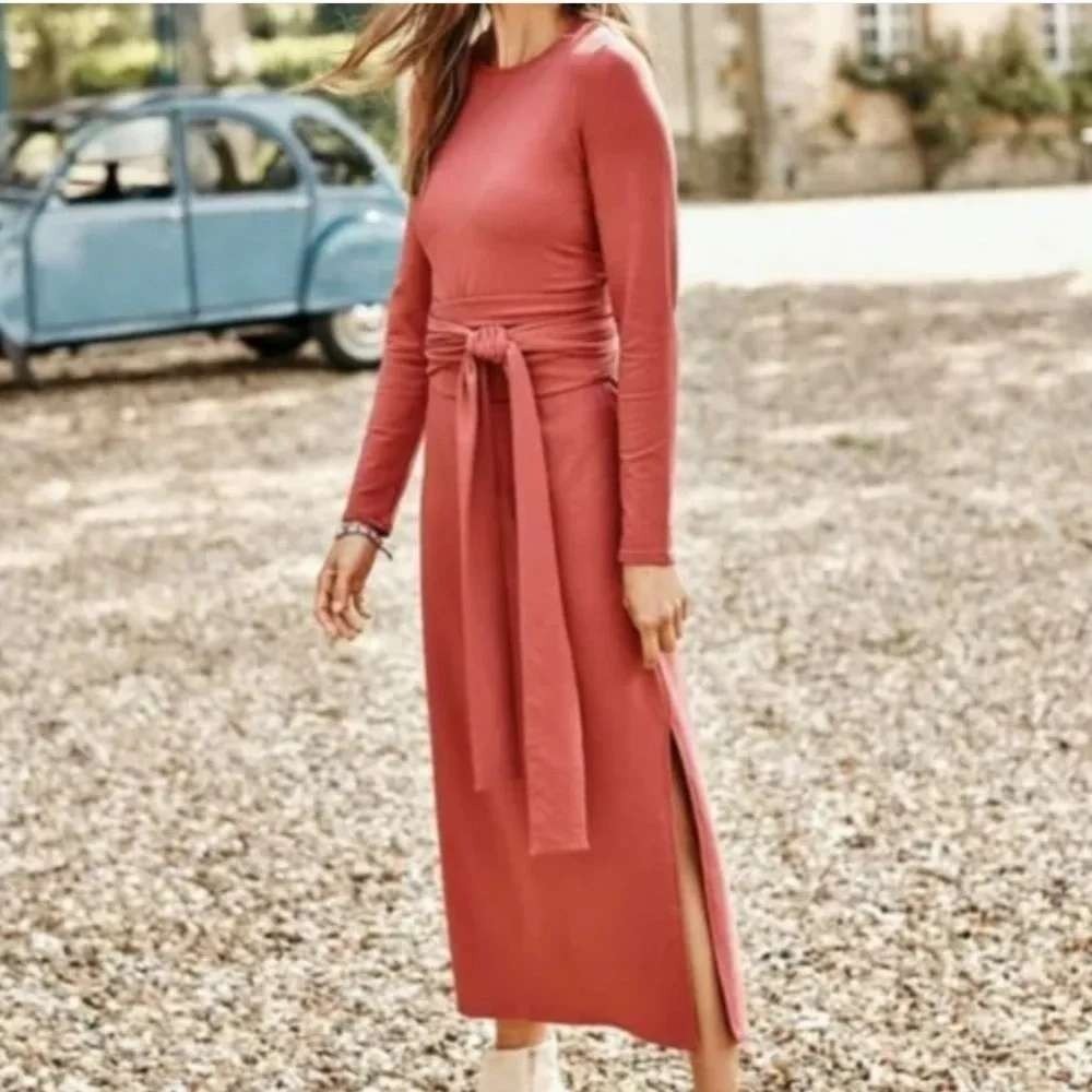 Pure Jill J. Jill Long Sleeve Terracotta Rust Pima Cotton Tie Waist Maxi Dress M
